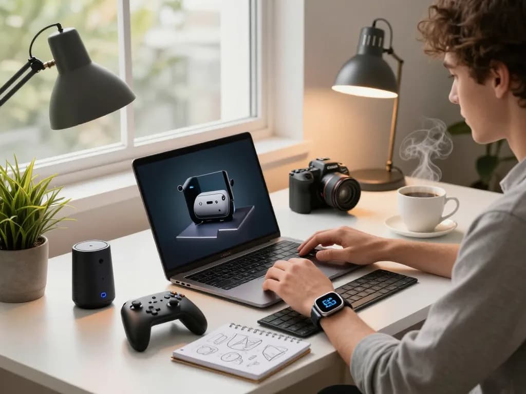 Exploring affordable tech gadgets in a modern home office with a laptop and Bluetooth devices.