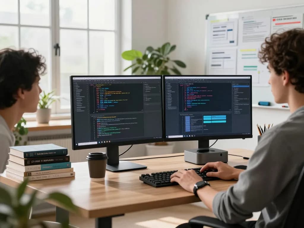 Developer working on a Mac Mini in a modern tech workspace, showcasing productivity and AI integration.