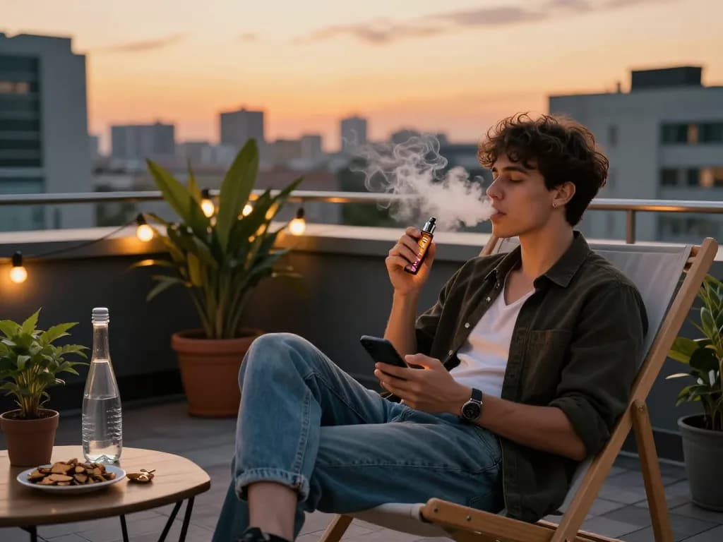Giovane adulto che si gode una penna vape thc italia su un tetto durante il tramonto con un'atmosfera rilassata.