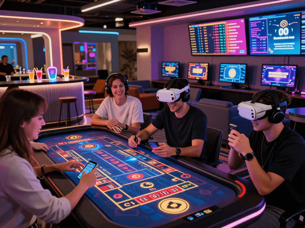 Crypto casino gaming scene with friends enjoying digital roulette and vibrant neon lights