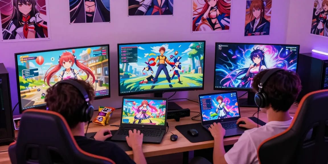 Engaging gaming environment featuring players enjoying thrilling hentai games on various devices in a cozy room.