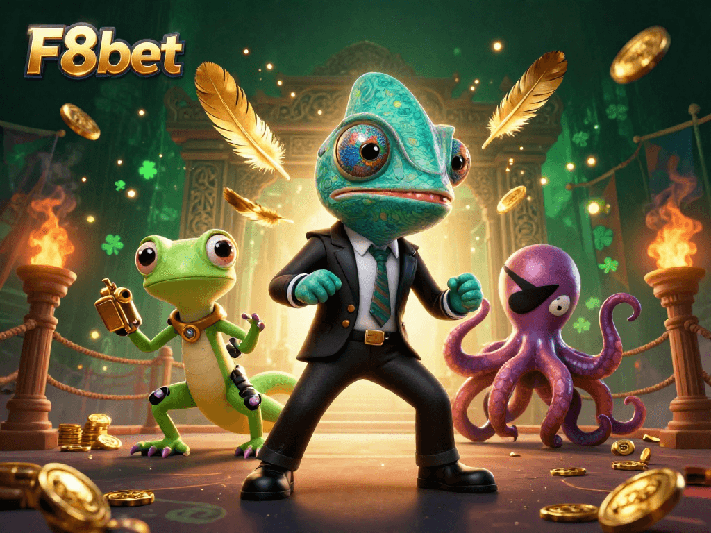 Join the excitement at F8bet with colorful characters and dynamic casino elements in a thrilling scene.