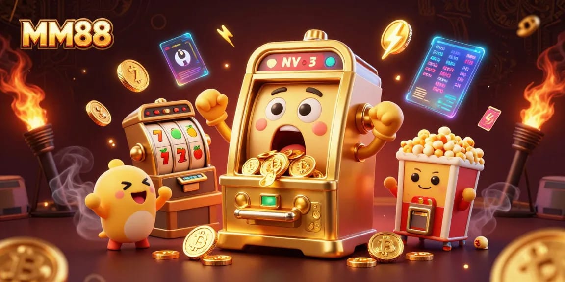 Engage with the exciting MM88 jackpot scene featuring a golden slot machine celebrating wins among sparkling coins.