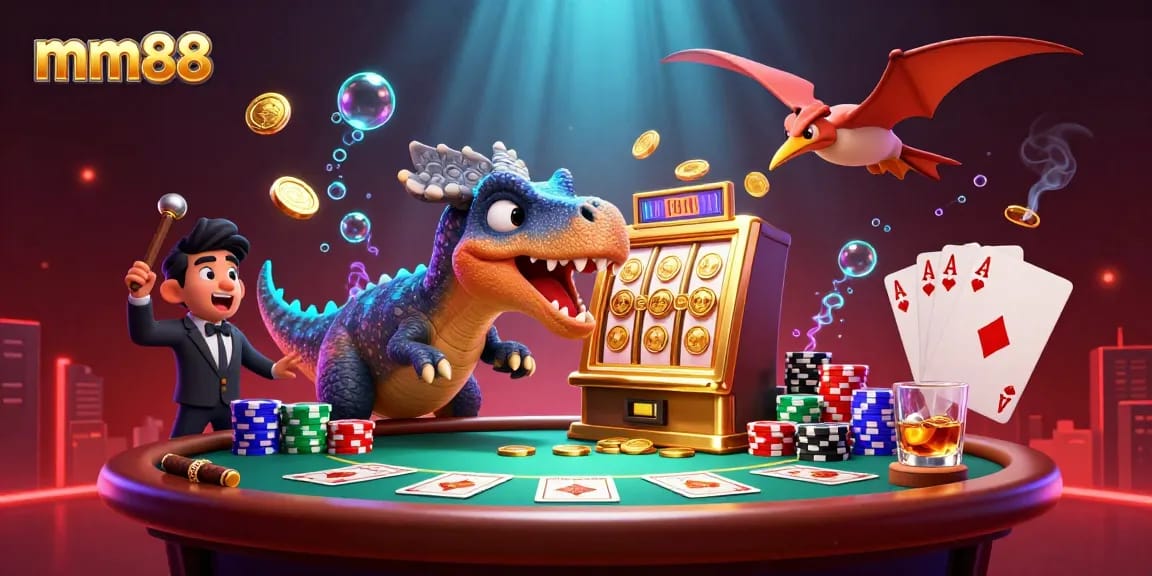 mm88 showcases an exciting scene with an animated dinosaur and a slot machine creating thrilling jackpot moments in a lively casino.
