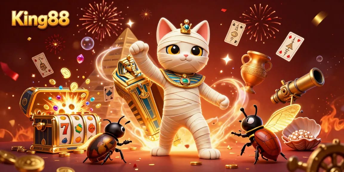 Experience slot gaming excitement at King88 with vibrant 3D mummy cat and gold treasures.