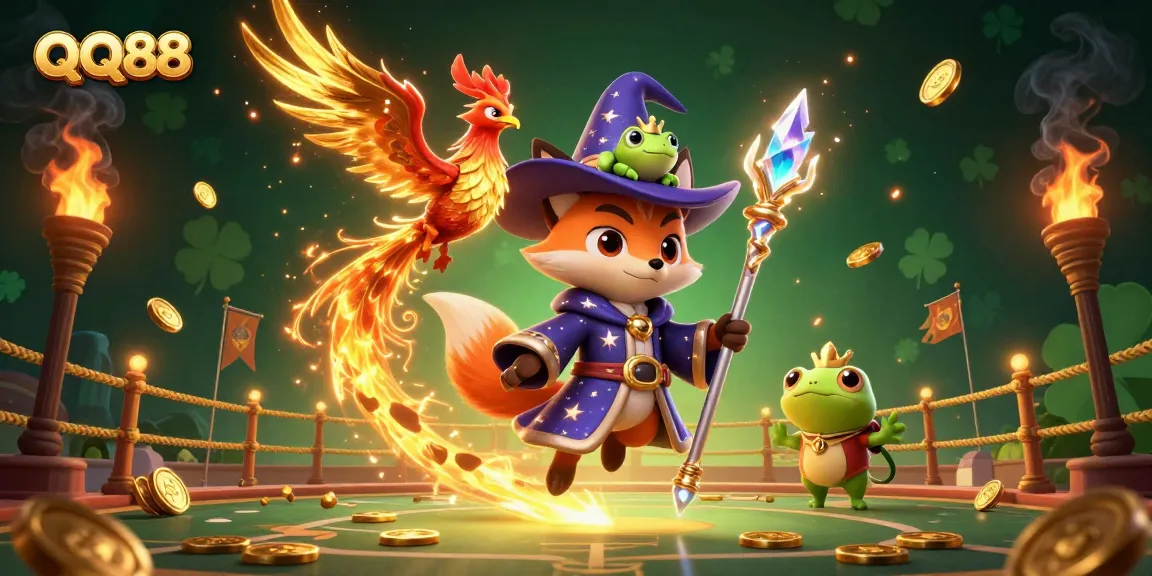 Bet on QQ88 with vibrant characters in a dynamic, magical sports betting arena