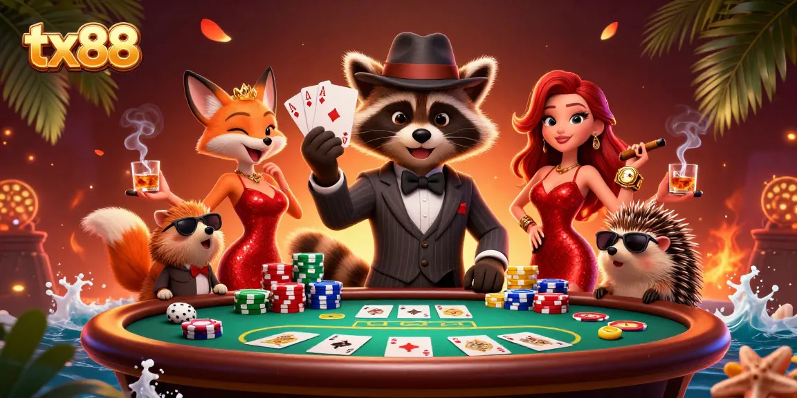 Experience winning hands at tx88 with a suave raccoon, fox lady, and hedgehog bouncer in a vibrant casino scene.
