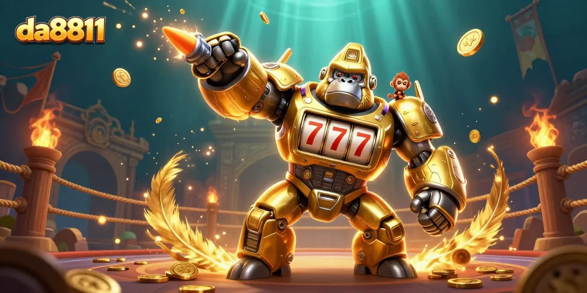 Experience thrilling gameplay with da8811's transformative golden gorilla mech amidst a vibrant casino atmosphere.
