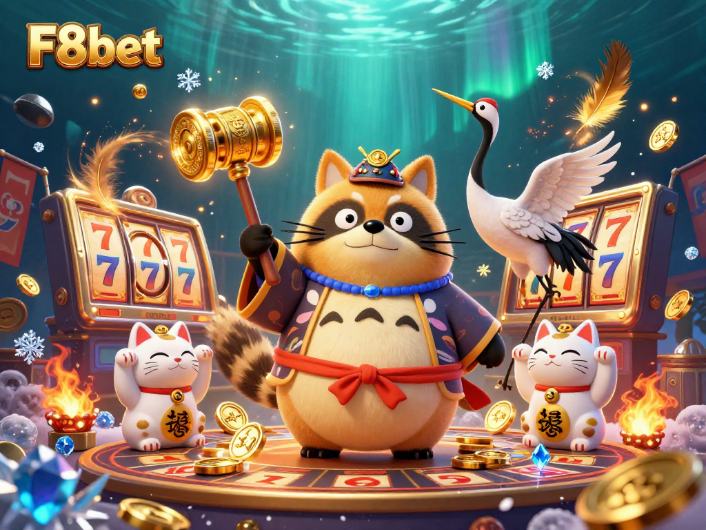 Experience thrilling chances at F8bet with a cheerful tanuki and lucky symbols in a vibrant casino illustration.