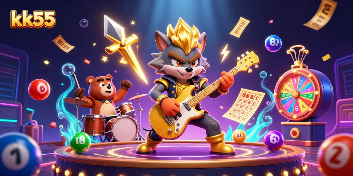 Join the fun at kk55, where a rock star wolf and a drummer bear bring vibrant energy to your gaming adventure!