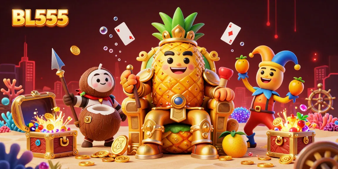 Experience high-stakes fun with BL555 in a vibrant beach casino, featuring the golden pineapple king and dynamic gaming elements.