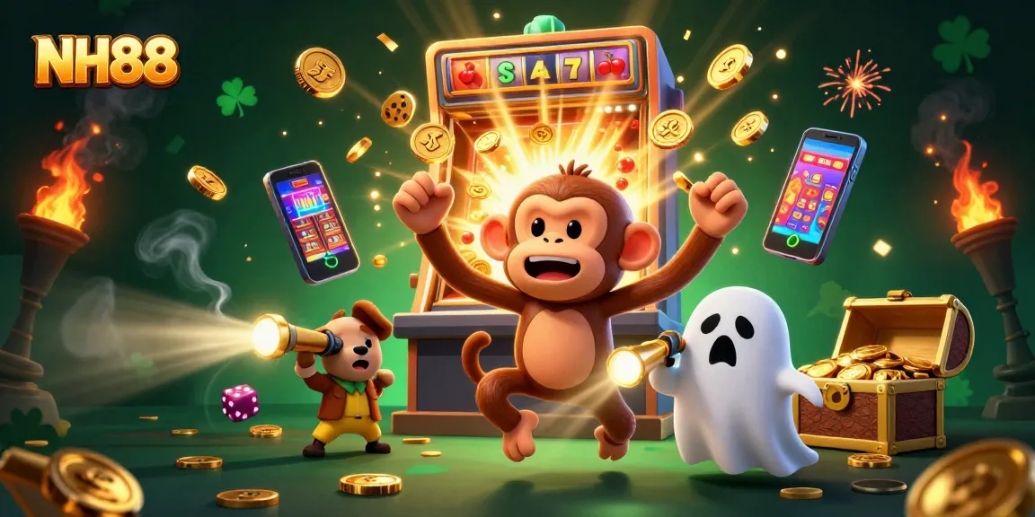 Experience the excitement of NH88 with a playful poltergeist monkey and a ghost-hunter puppy in a vibrant casino scene.