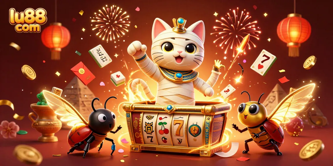 Experience the thrills of lu88 com with our vibrant 3D casino scene featuring a mummy cat and exciting slots.