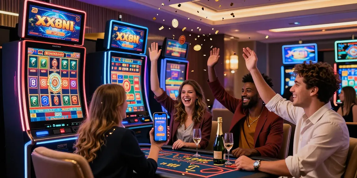 Excited players enjoying a win on the XX88 online casino with vibrant graphics and celebratory atmosphere.