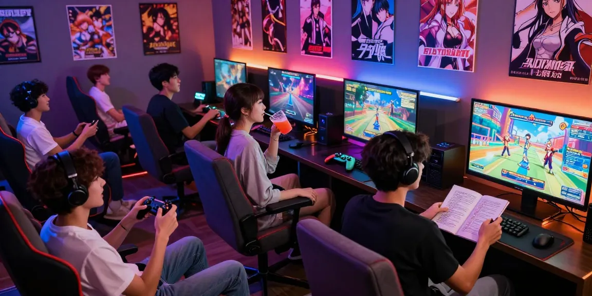 Excited gamers exploring various hentai games in a vibrant gaming lounge.