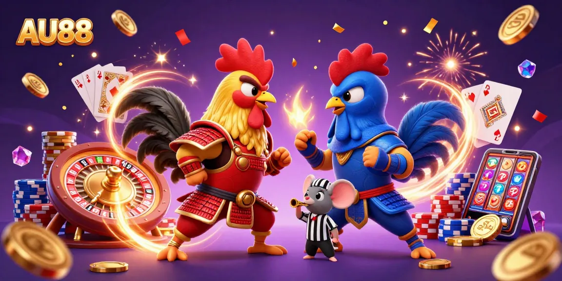 Experience the excitement of AU88 with dynamic fighting roosters, golden coins, and vibrant casino elements.
