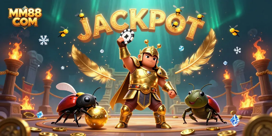 Exciting MM88 COM casino scene with hercules beetle celebrating a jackpot win, showcasing vibrant game elements.