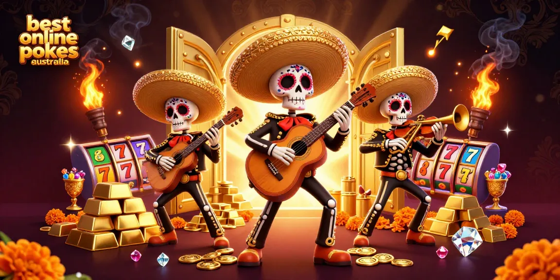 Win big with the best online pokies Australia, featuring vibrant mariachi characters and slot elements.