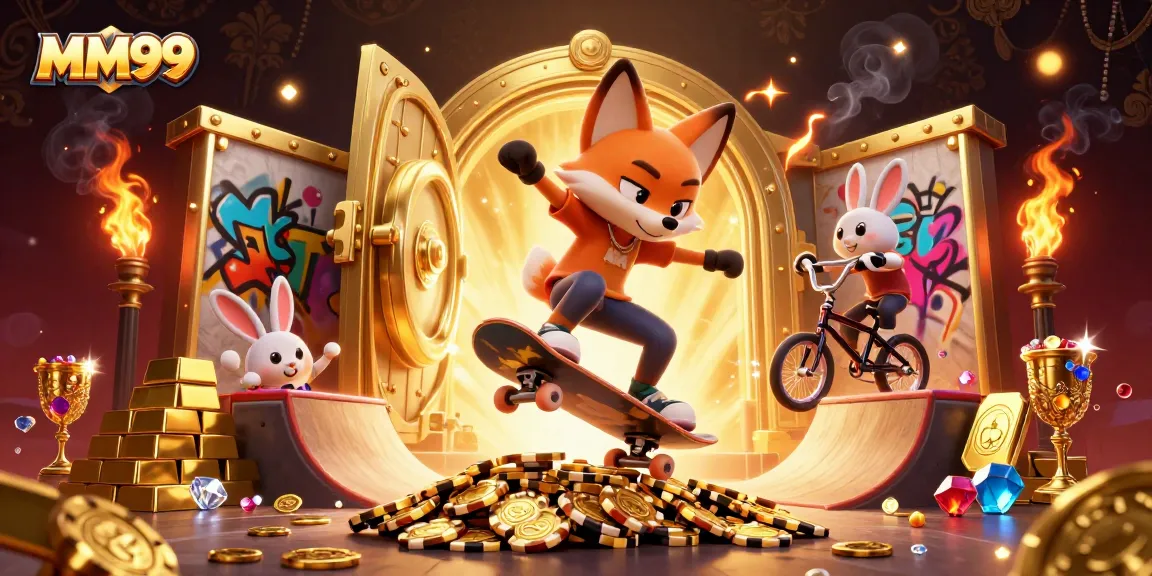 Experience the thrill of MM99 with a vibrant 3D illustration of a skateboarder fox over poker chips and treasure.