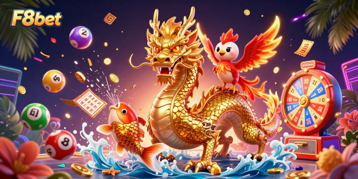 Experience thrilling gaming with F8bet amidst a vibrant scene of dragons and coins.