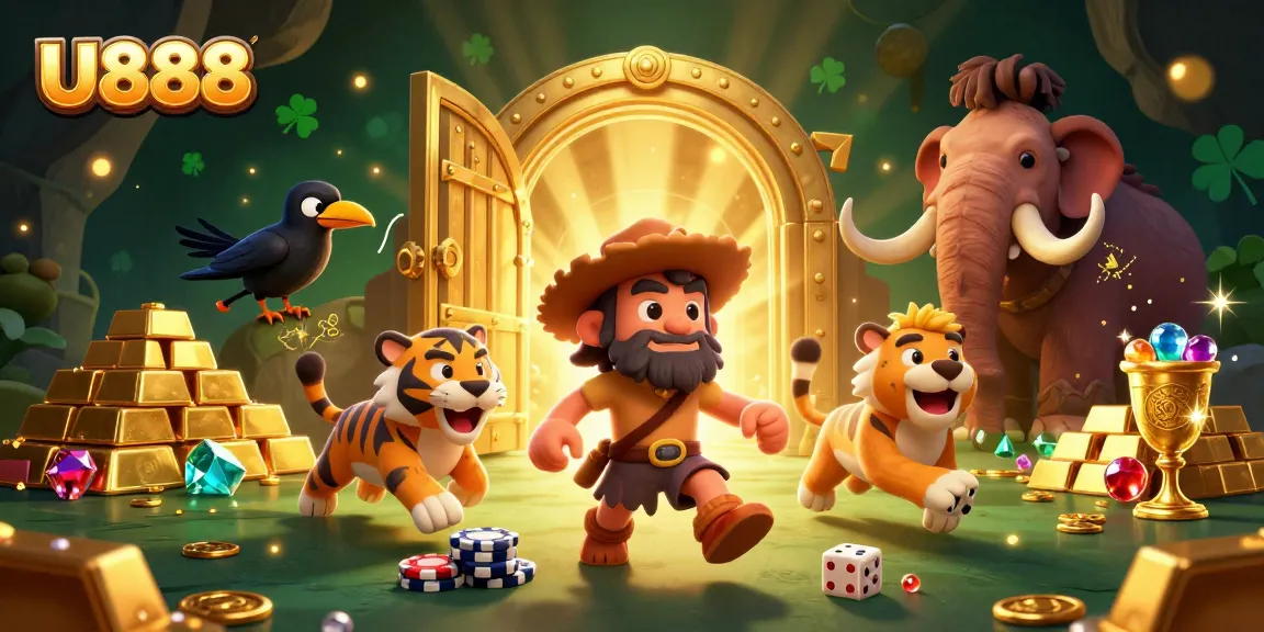 U888 enhances gaming excitement with cartoon characters in a dynamic prehistoric casino scene.