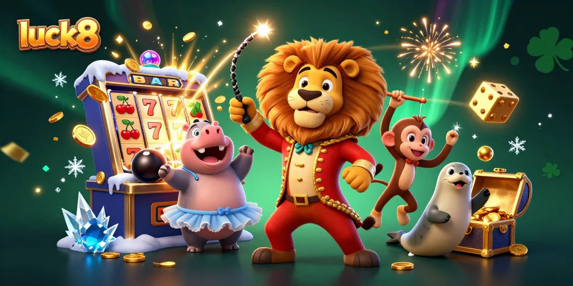 Experience winning with luck8's vibrant casino-themed illustration featuring games and fun elements.