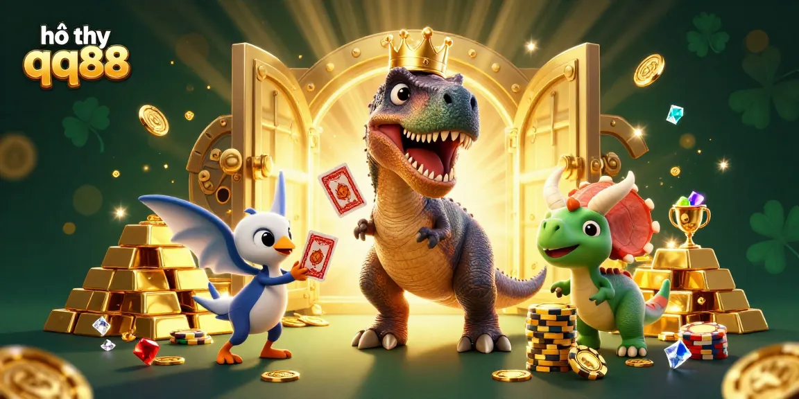Engage in exhilarating gameplay with hỗ trợ qq88, featuring cartoon dinosaurs in a dynamic casino scene.