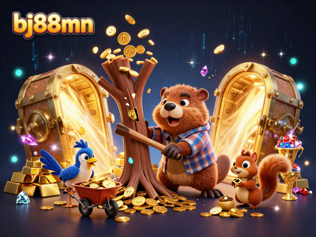 Join the vibrant bj88mn gaming scene with cartoon characters collecting golden coins and treasure!