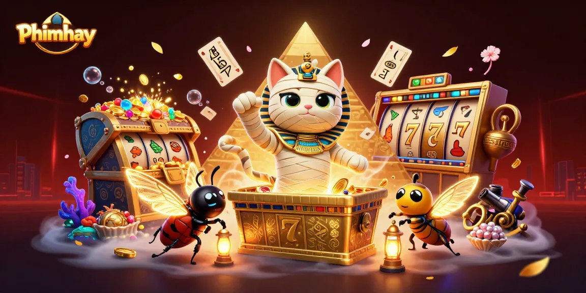 Engage in thrilling gameplay with Phimhay's dynamic illustration of a mummy cat in a pyramid casino.
