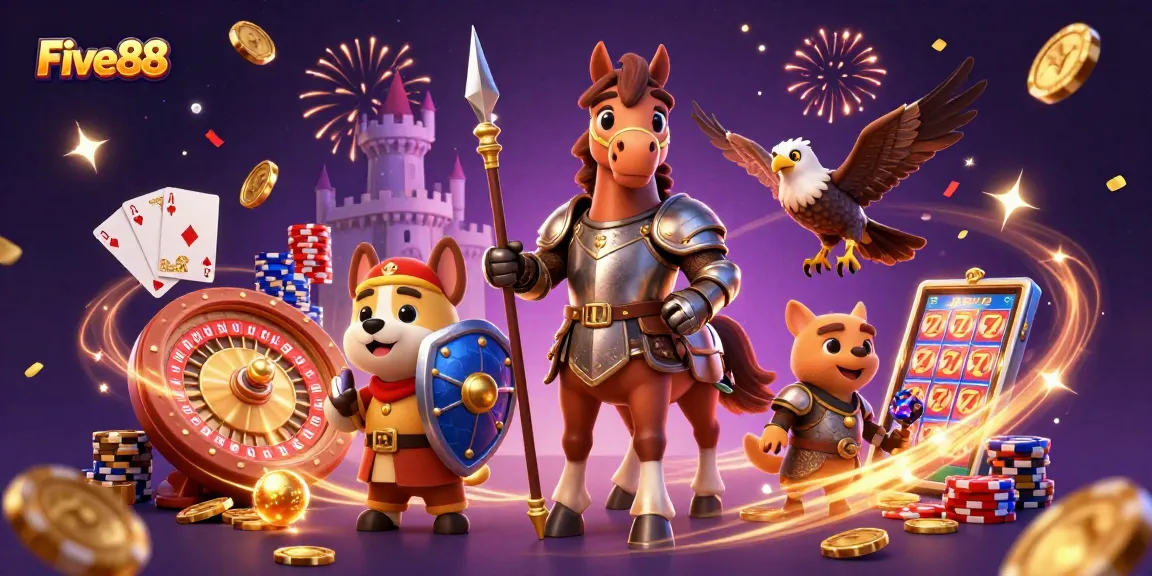 Five88 enhances your gaming experience with vibrant 3D illustration showcasing knights, coins, and casino elements.