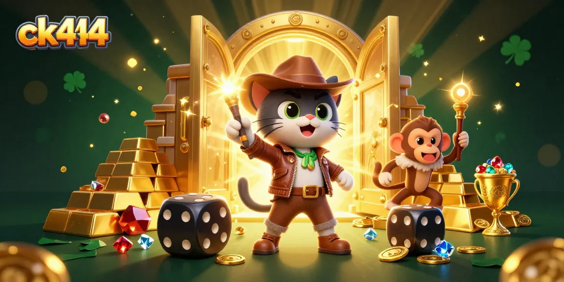 Spin to win at ck444 with vibrant gems and treasure in a 3D casino adventure.