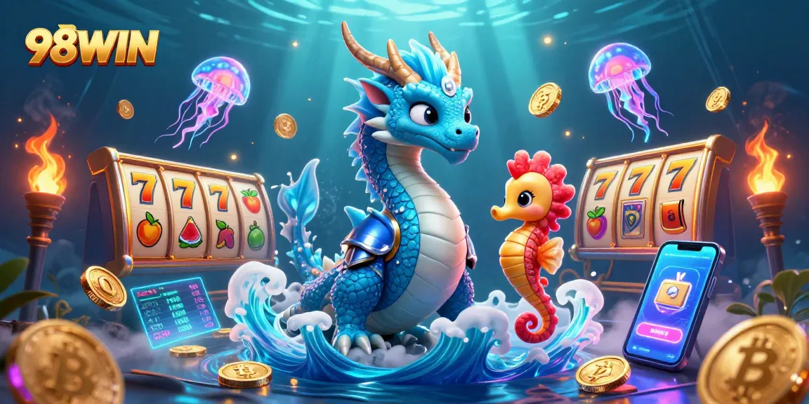 Engage with 98WIN casino gaming featuring a majestic water dragon and lively underwater elements.