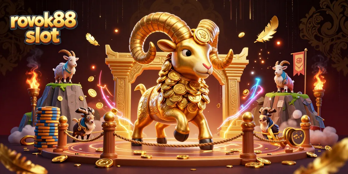 Engage with the rokok88 slot adventure featuring a golden ram, vibrant casino elements, and rich visuals.