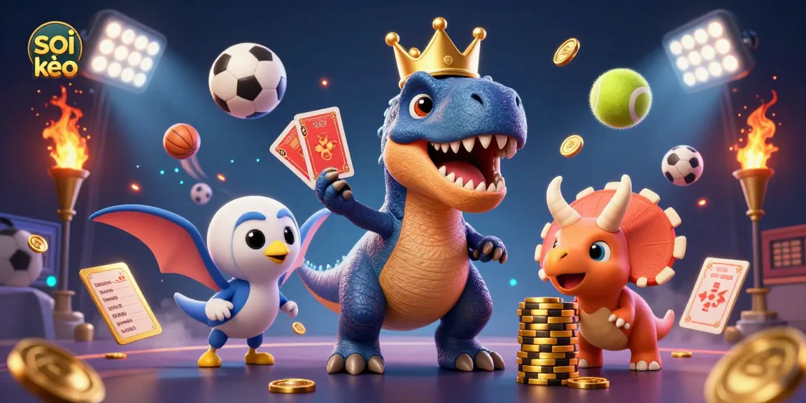 Soi kèo sports betting action featuring a T-Rex and friends engaging with cards and chips.