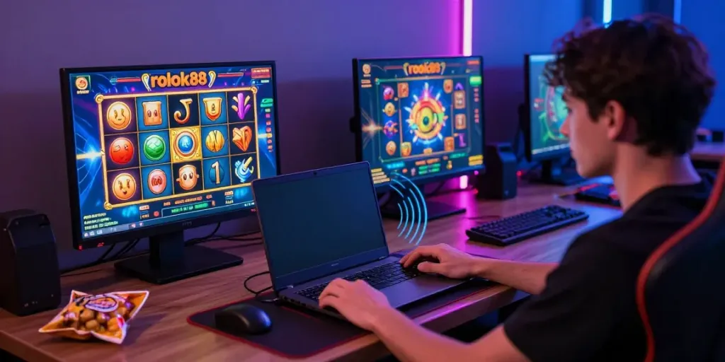 User immersed in the excitement of rokok88 slot game on a laptop amidst a colorful gaming setup.