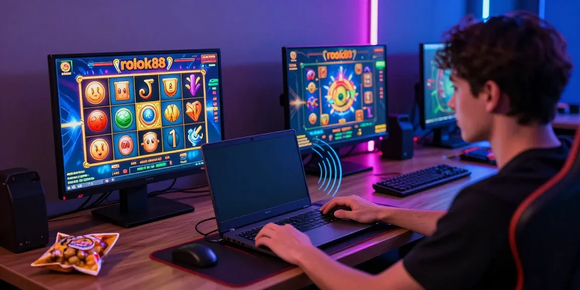 User immersed in the excitement of rokok88 slot game on a laptop amidst a colorful gaming setup.