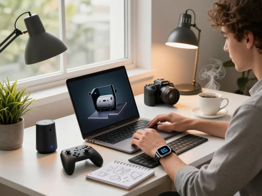 Exploring affordable tech gadgets in a modern home office with a laptop and Bluetooth devices.