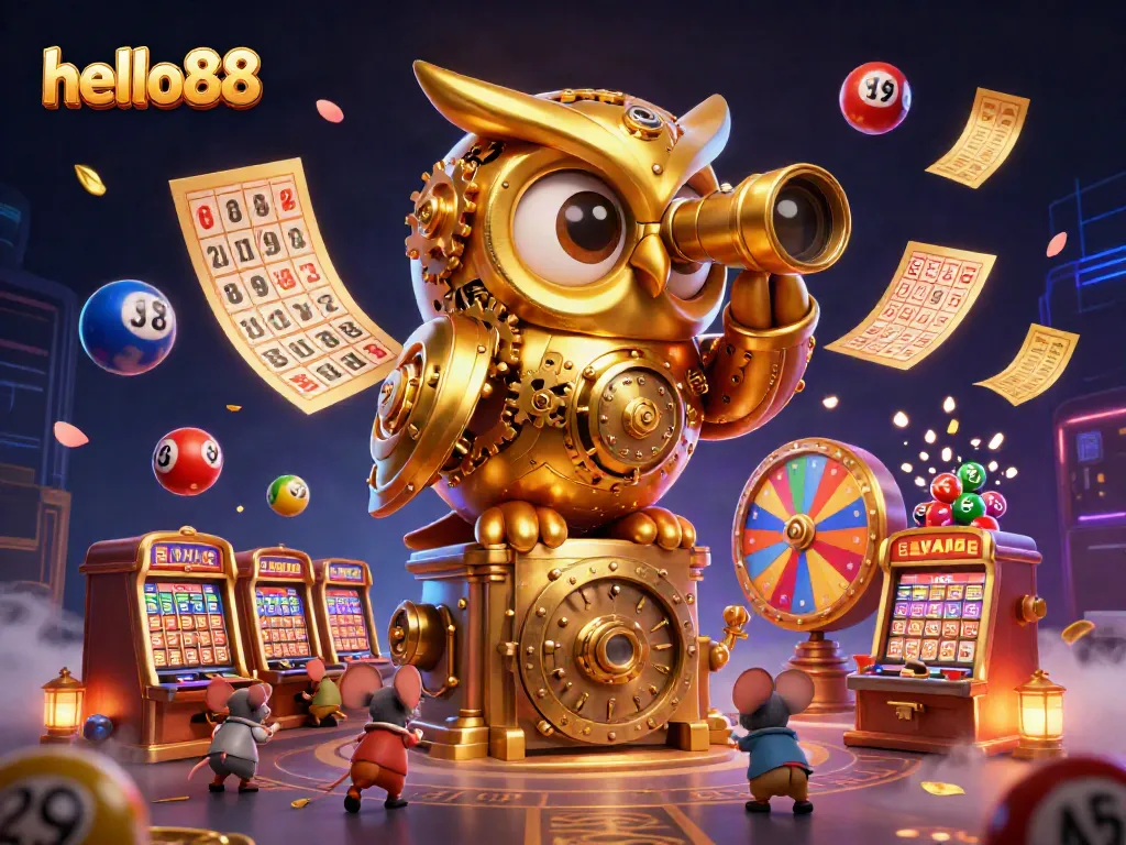 Experience excitement at hello88's vibrant casino with a golden owl, charming mice, and colorful lottery elements.