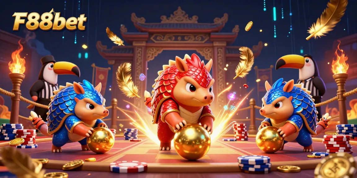 Experience thrilling competition with F88bet as pangolins roll through poker chips in a vivid casino setting.
