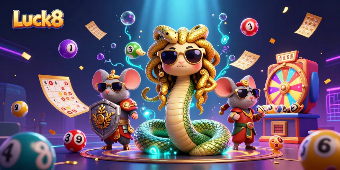 Luck8 offers an exciting lottery experience with Medusa and a warrior mouse amidst vibrant lottery elements.