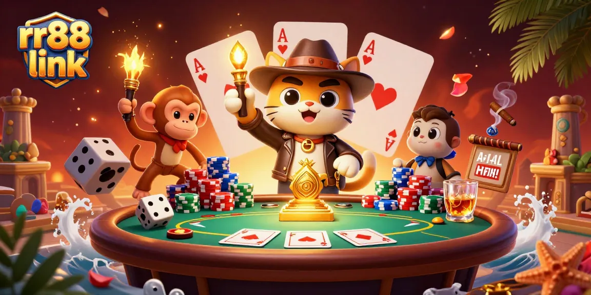 Engage with the golden rr88 link artifact alongside an explorer cat and monkey in a vibrant casino scene.