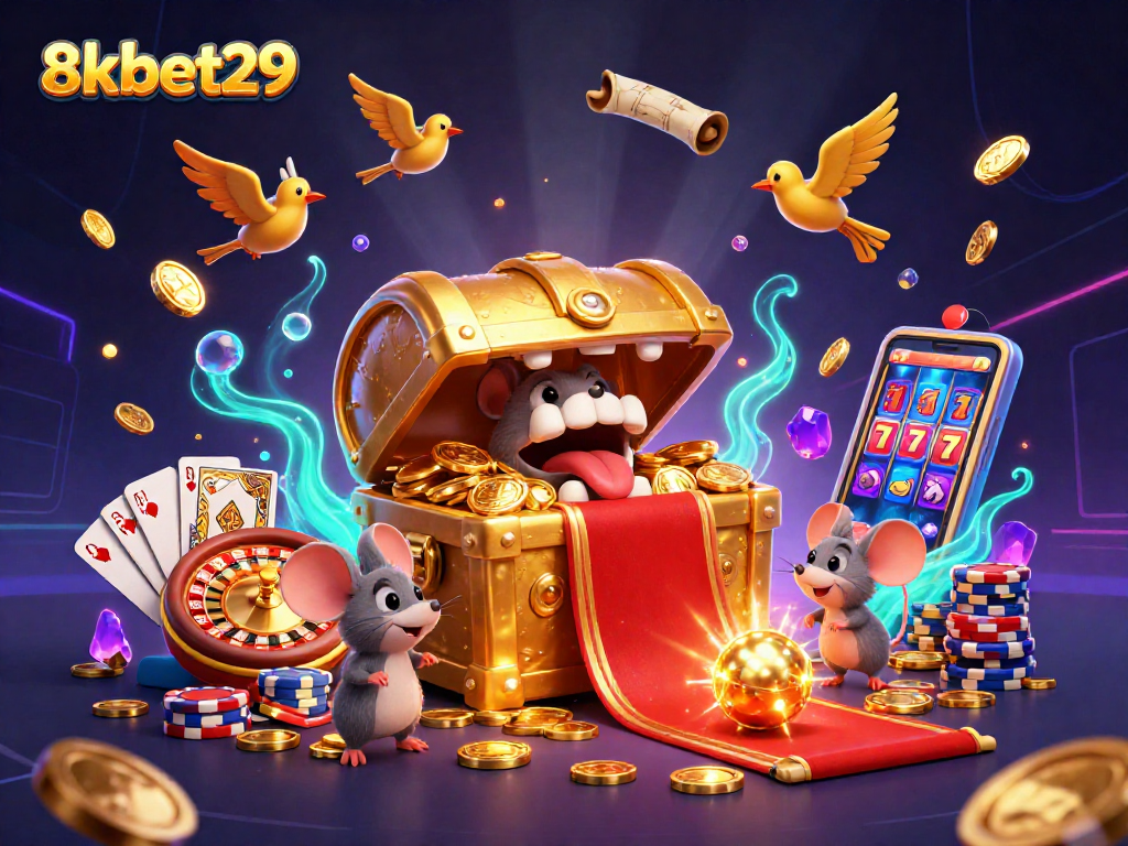 Engage with thrilling adventures at 8kbet29 featuring treasure hunts, golden coins, and vibrant casino elements.