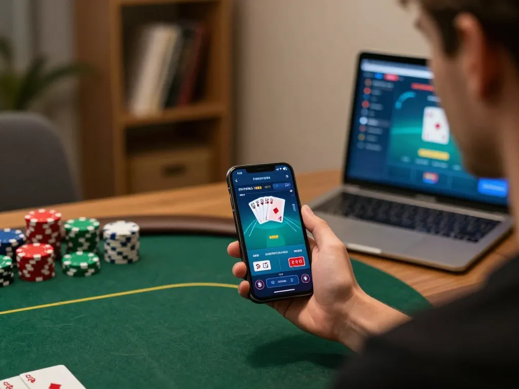 Player enjoying online poker on Jun88 mobile app in cozy home setup with stylish decor.