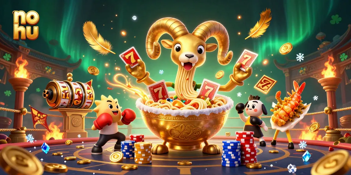 Engage in no hu gaming excitement as a giant ramen bowl dealer stacks chips amidst golden slot symbols.