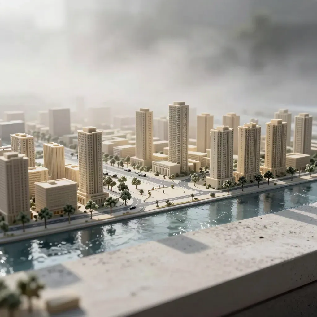 Plastico urbano cinematografico con quartiere civico, strade curve e acqua satinata nella foschia.