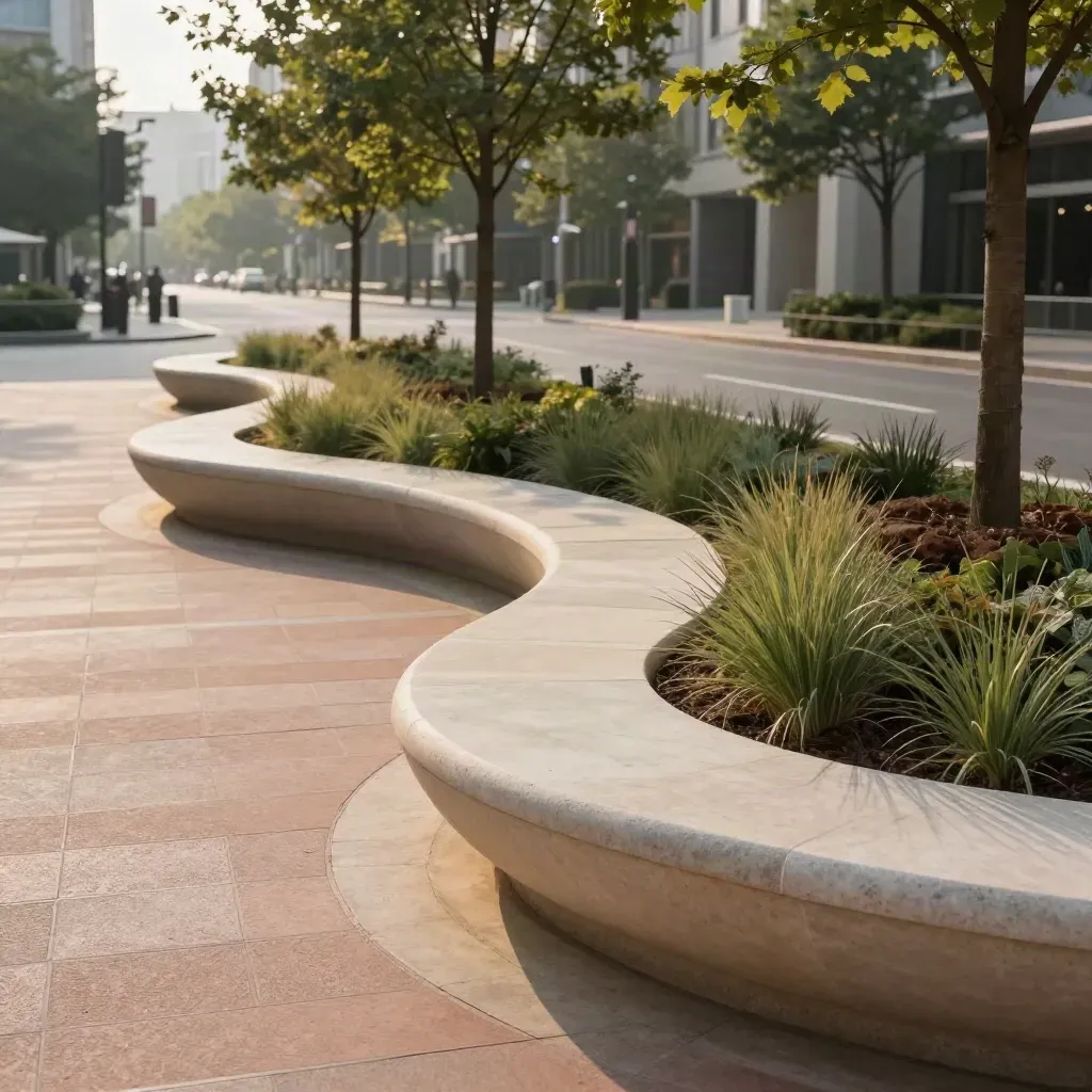 Piazza pubblica completata con sedute curve, alberi giovani e rain garden al tramonto.