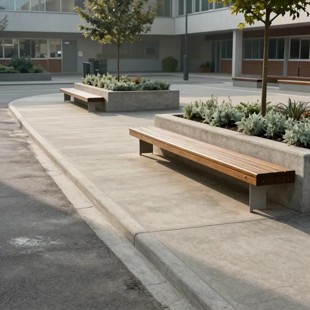 Piazza scolastica vuota a Modena Sud con percorsi separati, panche in legno e aiuole basse.