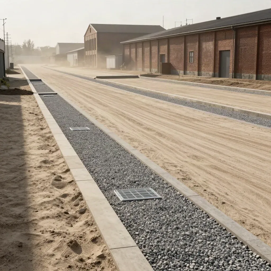 Area industriale riconvertita con lotti segnati, drenaggi puliti e accessi pronti al progetto.