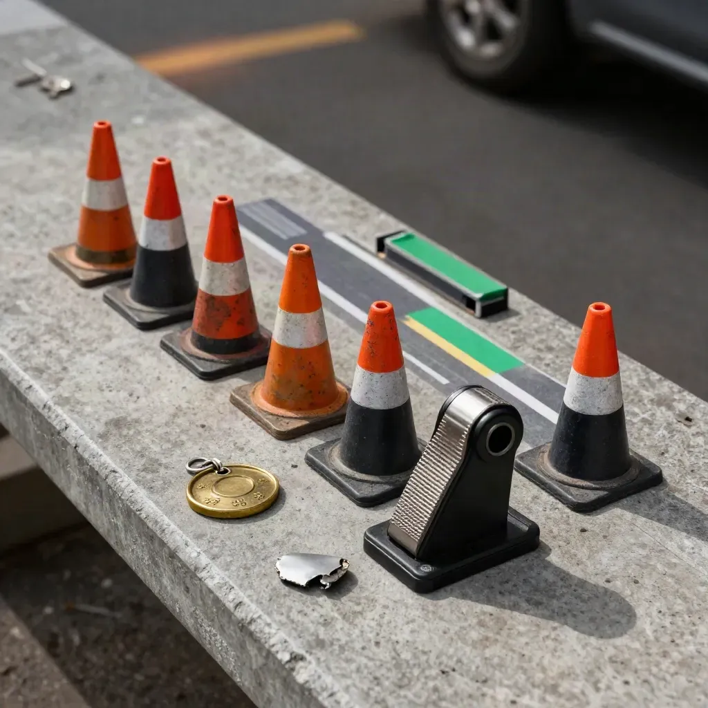 Kit mobilità con coni miniatura, gettone trasporti e modulo d’incrocio in scala su banco urbano.