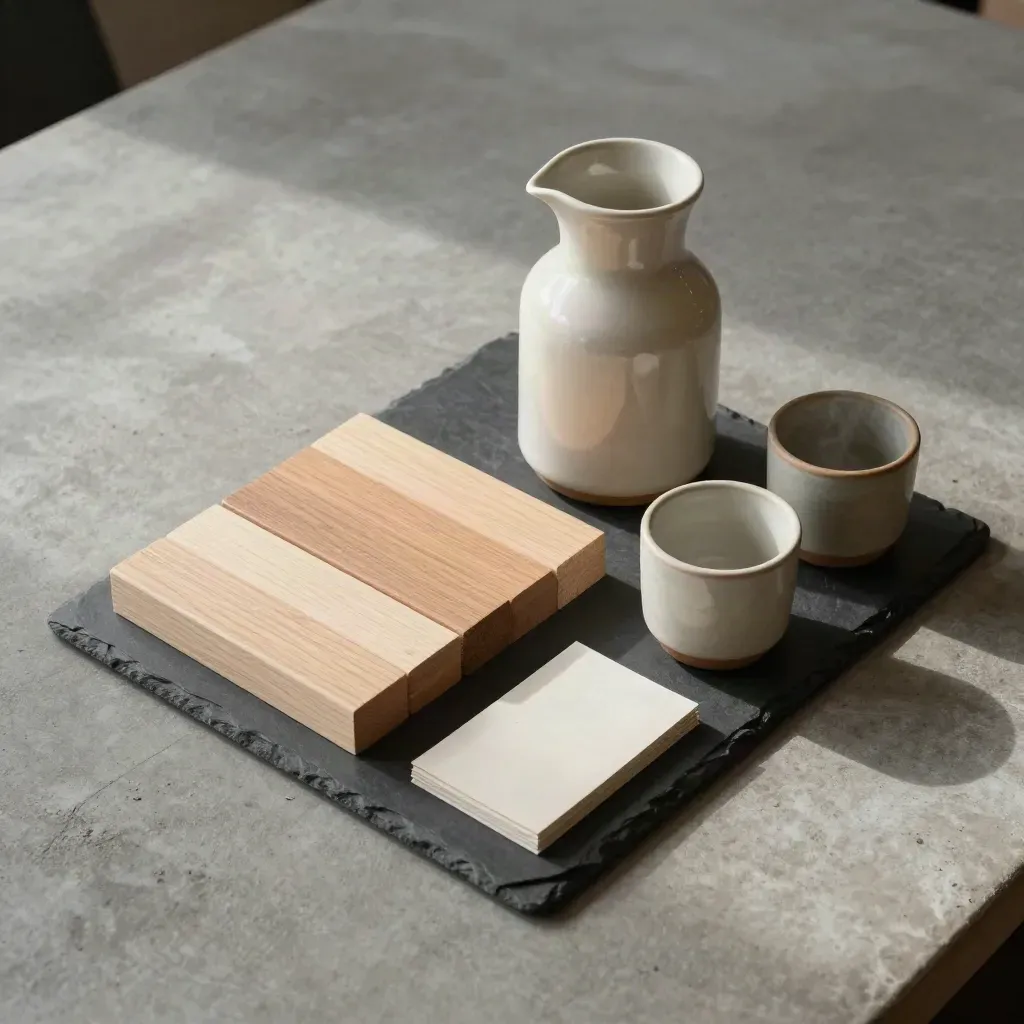 Kit per workshop di urbanistica su tavolo in cemento con blocchi di legno, caraffa e tazze.